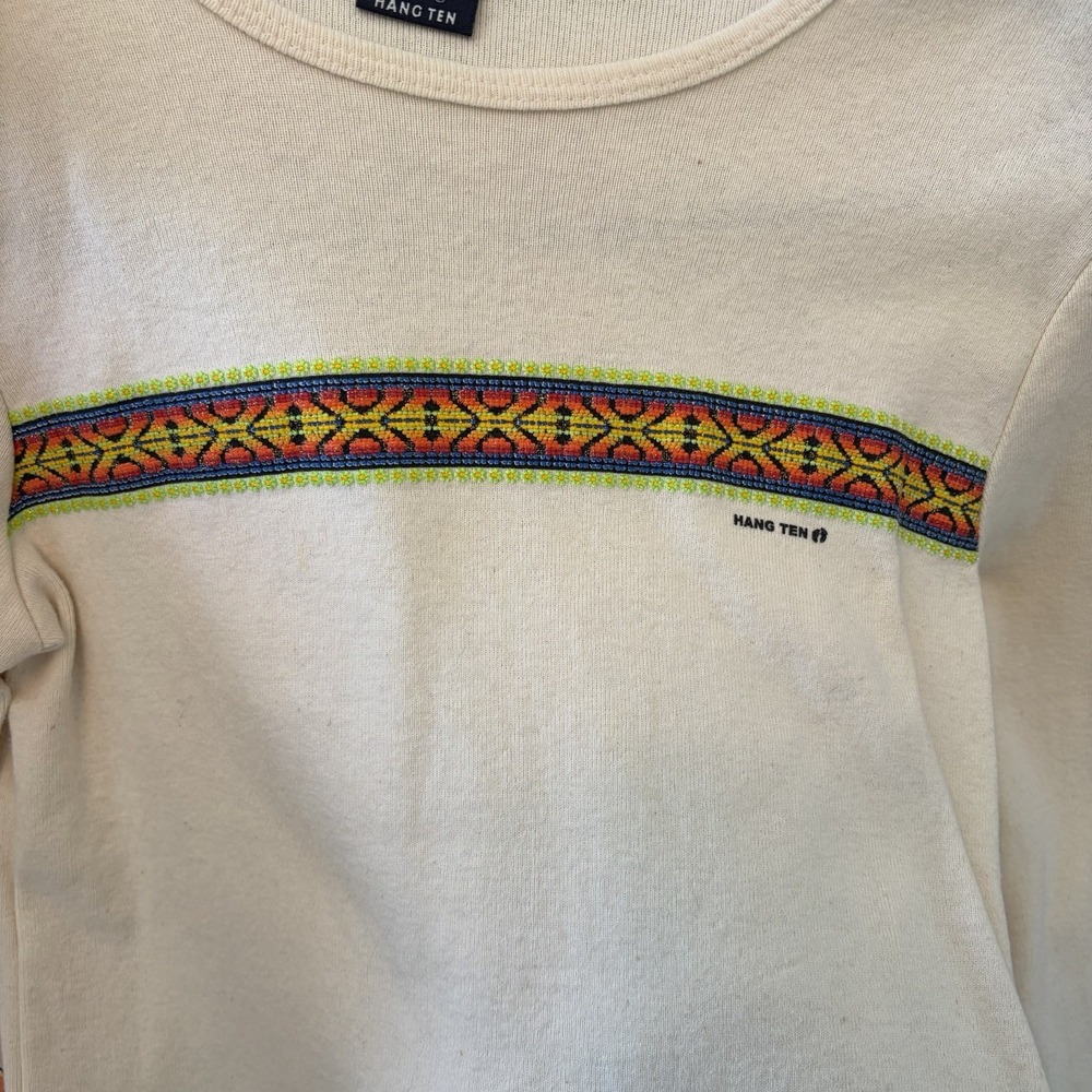 Vintage 90s Hang Ten Cropped Long Sleeve Shirt Surfer‎ Cream Geometric Stripe L - Picture 8 of 10